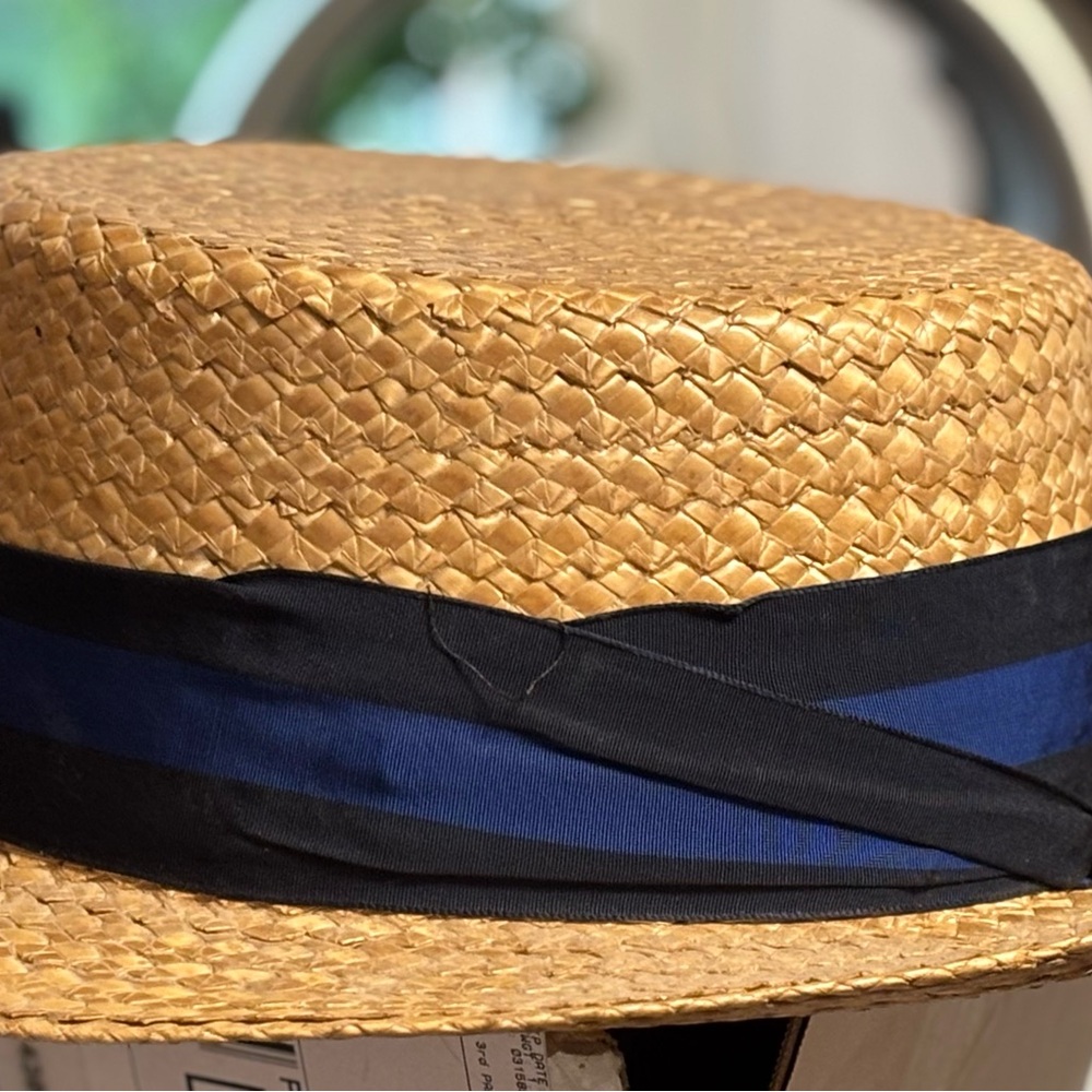 Bakers Straw Boater Hat with Black and Blue Band